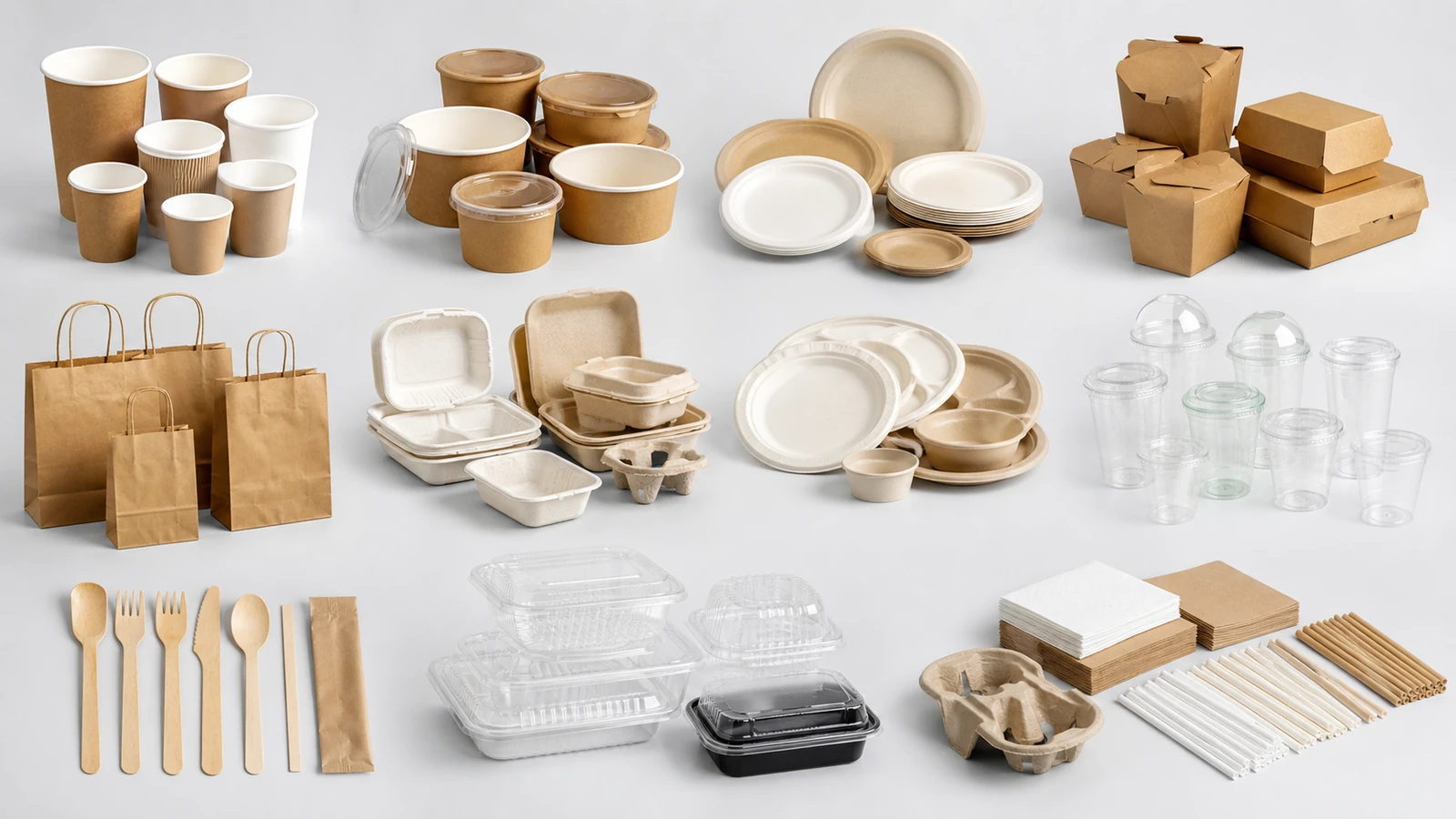 Disposable food packaging categories including paper cups bowls food containers paper bags tableware and accessories