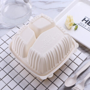 8-Inch 3-Compartment Cornstarch Clamshell Container product image showing cornstarch tableware for foodservice packaging