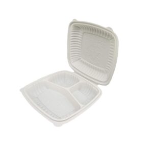 8-Inch 3-Compartment Cornstarch Clamshell Container product image showing cornstarch tableware for foodservice packaging